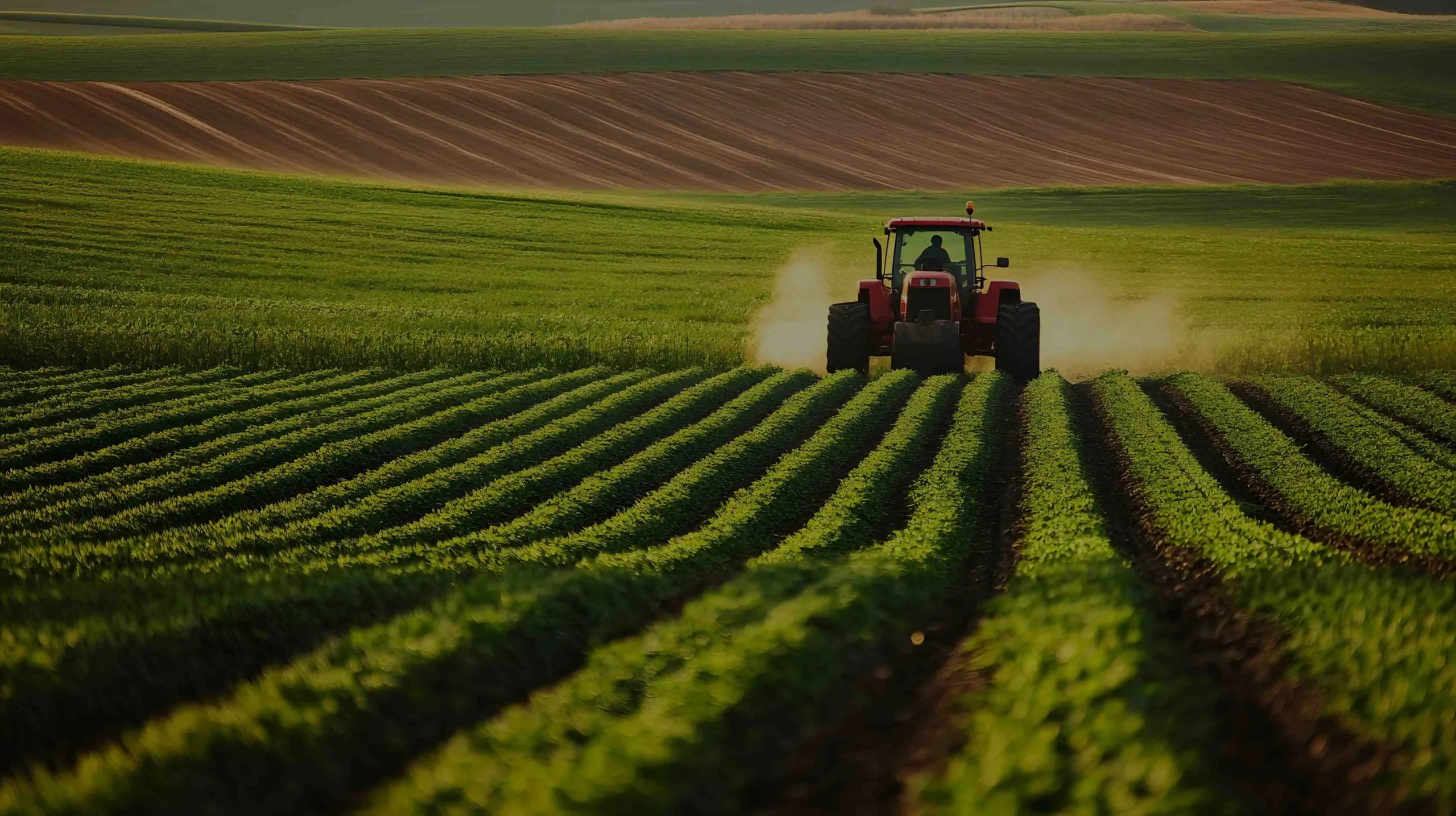 Tractor Working Crop Rows on Farm Red tractor driving through green crop rows on a farm, dust cloud trailing.