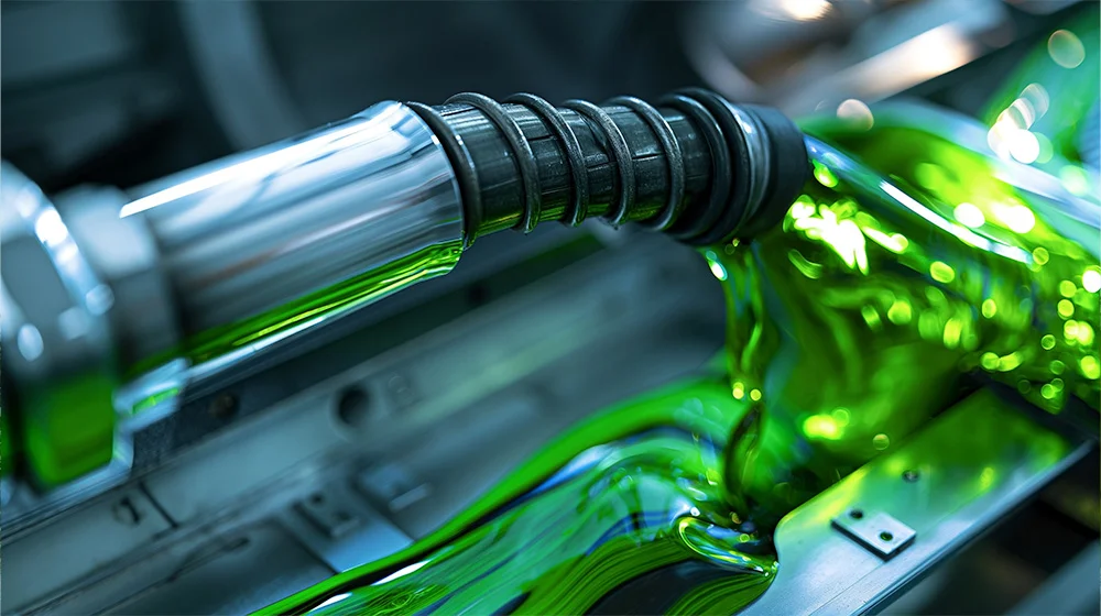 Close-up of a fuel nozzle pouring bright green algae-based fuel into a vehicle tank.