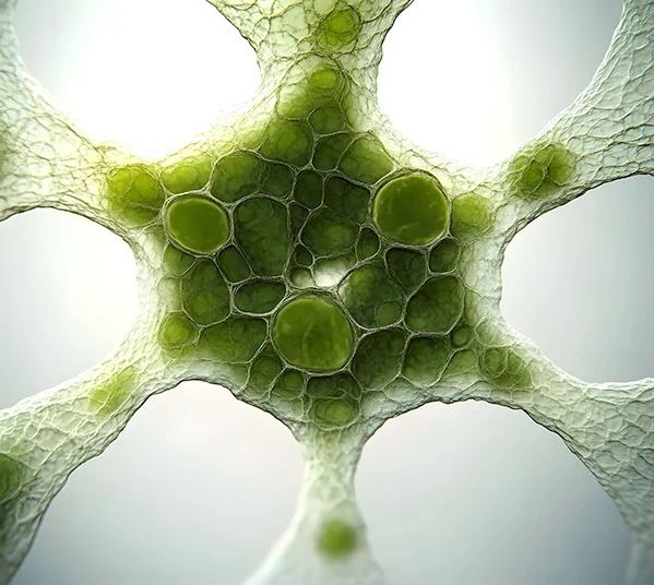 Close-up microscopic view of green algae cell structure forming a porous lattice.