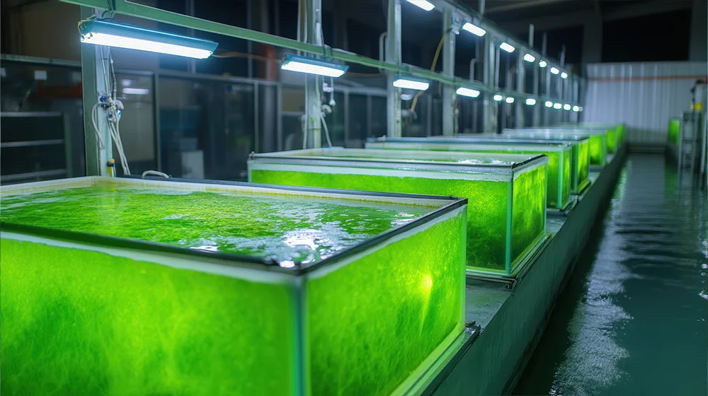 Rows of illuminated tanks cultivating green algae in an indoor facility for biofuel production.