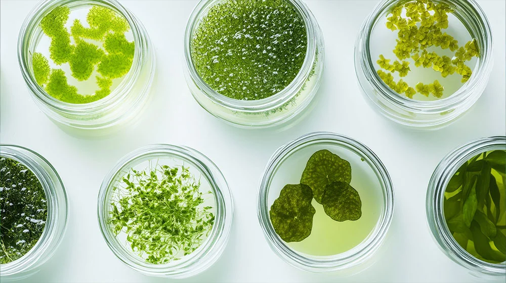 Top-down view of glass jars holding different green algae samples in liquid, illustrating applied biotech research.