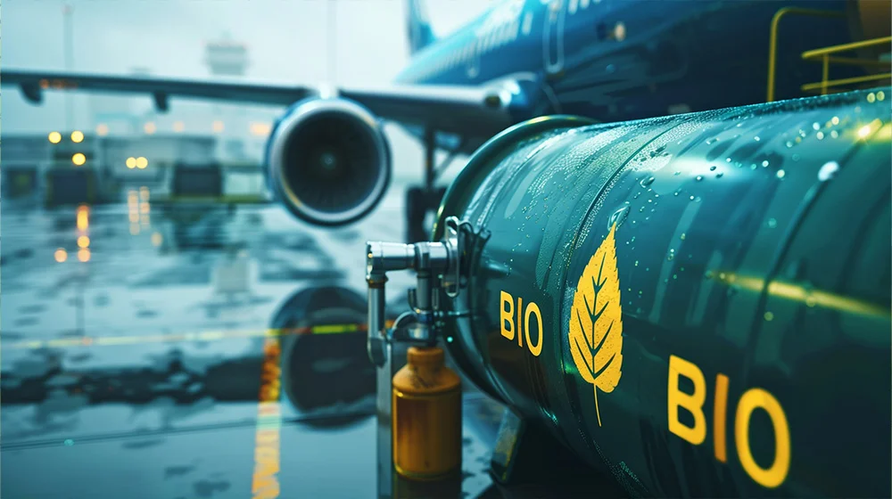 Biofuel tanker labeled “BIO” beside an aircraft on wet tarmac.