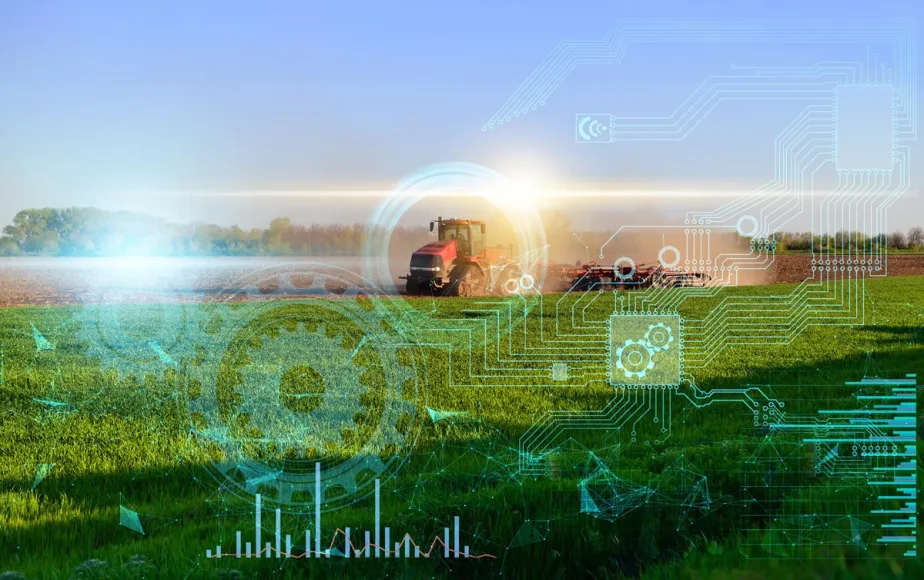 Tractor working in a green field at sunrise with a transparent digital circuit overlay.